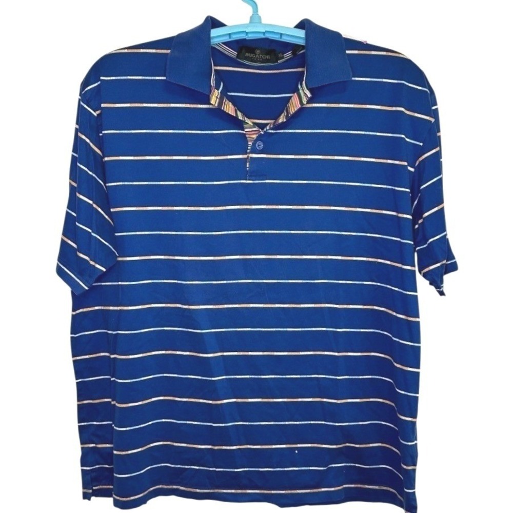 Bugatchi Polo Shirt Men Blue Striped Egyptian Cotton Short Sleeve Yacht Club XL